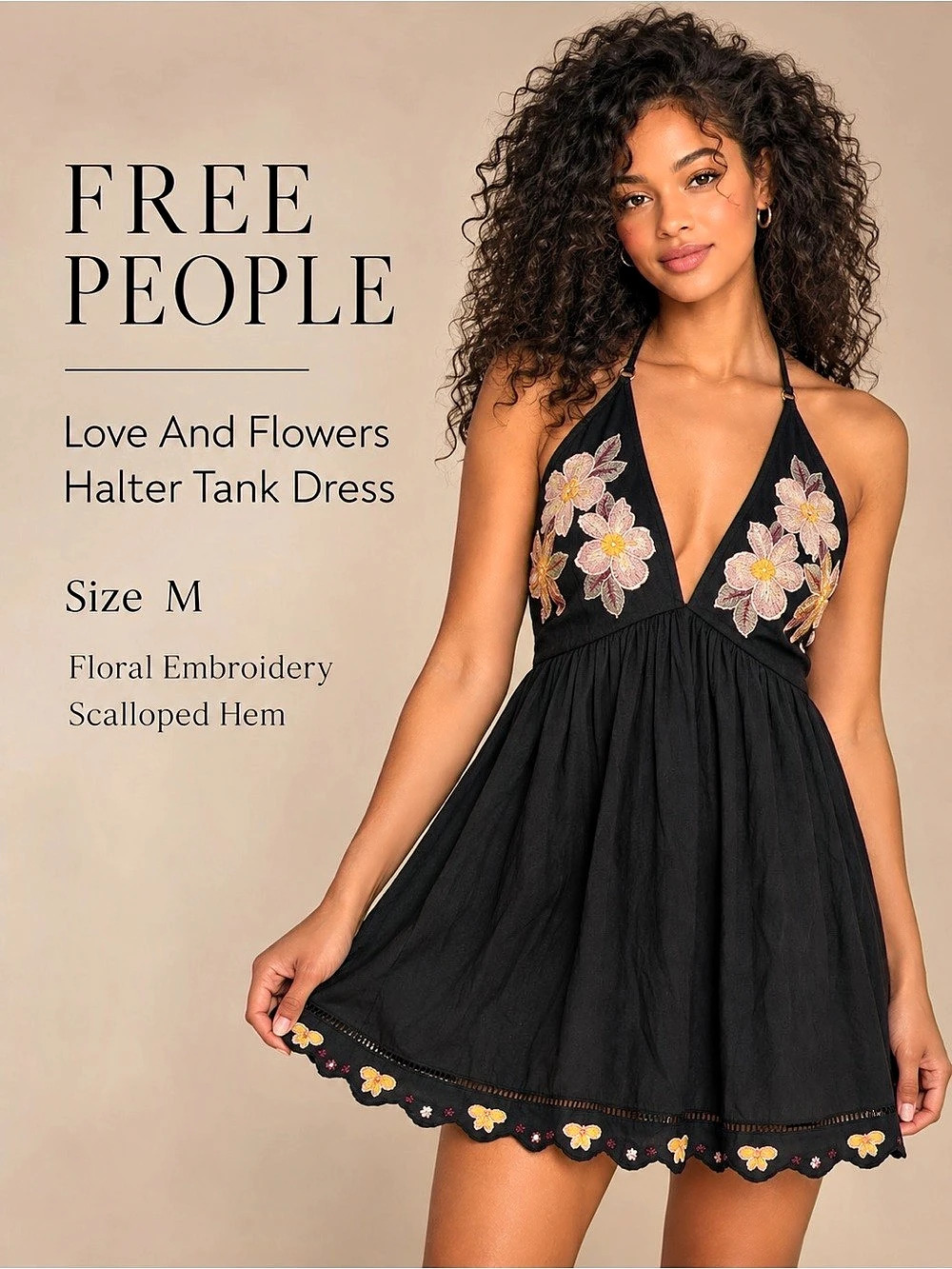 Free People Love And Flowers Halter Tank Dress Black Floral M